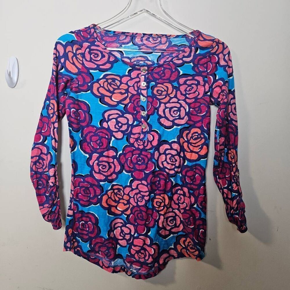 Lilly Pulitzer Women's Cassie Rose Water Floral Porter Henley Colorful 100% Pima
